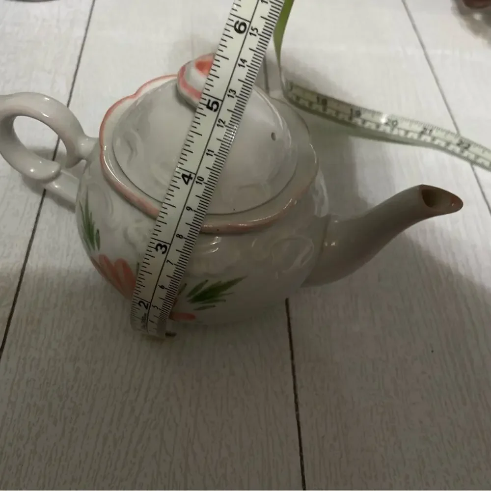Vintage Pink Floral Teapot White Ceramic Cottage Decor